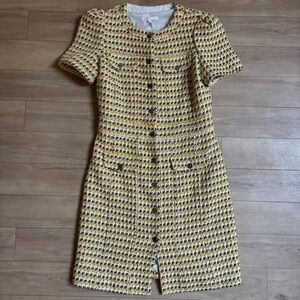 Maje Yellow metallic tweed Rill short sleeve Mini Dress w/ buttons size 40 M/L